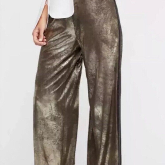 Free People matte metallic gold vegan wide leg pants-NWT - Picture 3 of 7